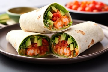 wrap with cooked shrimp, avocado, and salsa