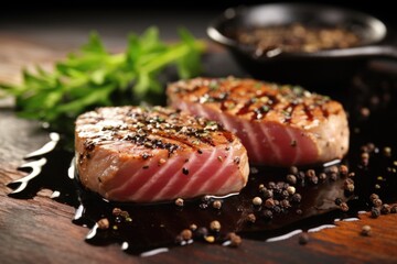 a seared tuna steak with a dash of black pepper