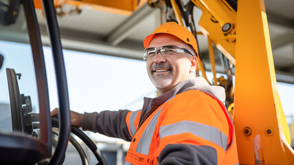 View from the cab of a construction tower crane, a male crane operator at a construction site.
