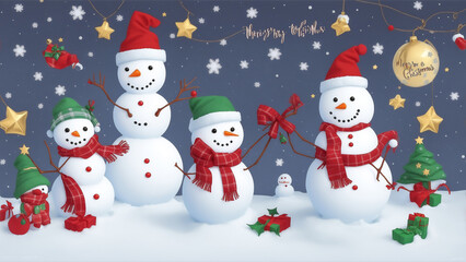 Christmas card background with playful snowmen
