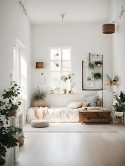 Captivating Homeliness Living Room. white color walls, sofa color is brown, wooden small table and plant with copy space