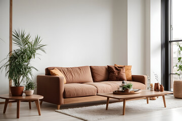 Captivating Homeliness Living Room. white color walls, sofa color is brown, wooden small table and plant with copy space