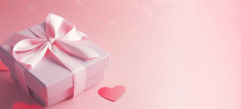 Gift by St, Valentine, pink heart and gift box with a bow on pink background, Romantic card