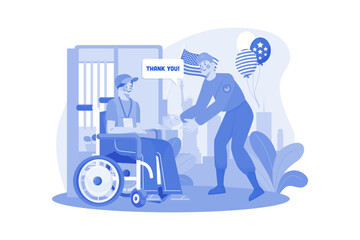 Man visits to a veteran in a wheelchair