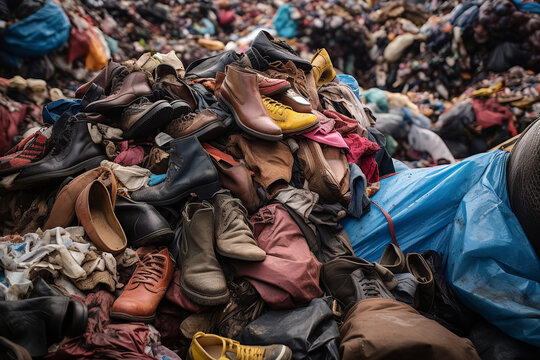 A pile of discarded, worn-out clothing and shoes in the middle of a squalid slum, highlighting issues of poverty and waste