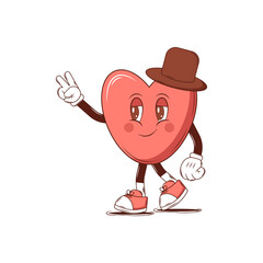 Fototapeta premium Character Heart in a Hat. Groovy retro cartoon lovely heart sticker, patch. Valentines Day. For poster, card, print. Trendy retro 60s 70s style. Red, pink colors. Vector