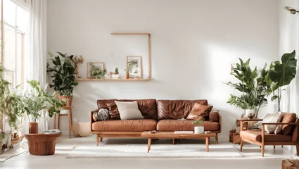 Foto op Plexiglas Captivating Homeliness Living Room. white color walls, sofa color is brown, wooden small table and plant with copy space © Nuwan Buddhika