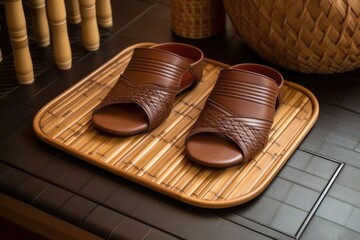 mens leather slippers on a bamboo bathroom mat