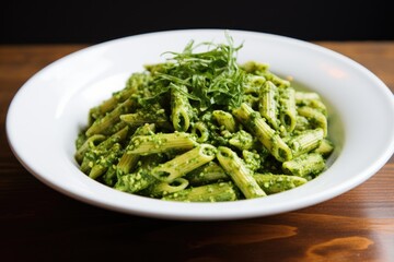 gluten-free spelt pasta tossed in housemade pesto