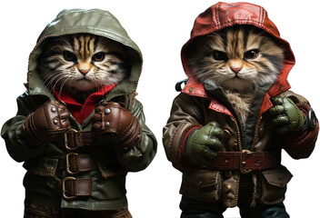 An evil cat with coat, hood and gloves in fighting position - obrazy, fototapety, plakaty