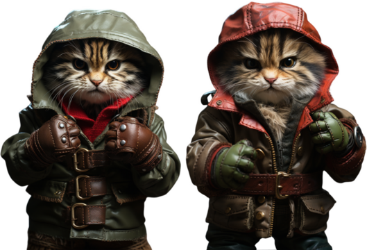 An evil cat with coat, hood and gloves in fighting position