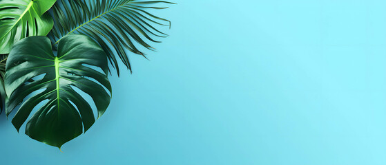 Fototapeta na wymiar Tropical leaves on a light-blue background