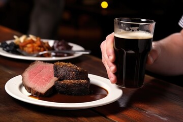 hand picking up a stout to drink beside a plate of beef brisket - obrazy, fototapety, plakaty