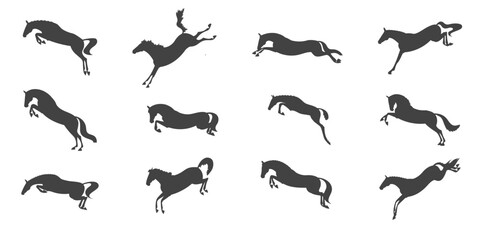 Horses in different jumping phases, vector silhouettes