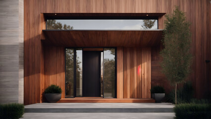 Modern entrance, simple wooden front door for a luxury house copy space 