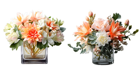 Some pink and orange 3D flowers in vase, isolated on transparent background