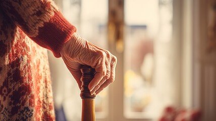 Elderly hands resting on stick indoor. Close up hands of old woman wearing red sweater holding walking stick. Old lady pensioner on a walking stick close up. Old lady holding walking stick. AI.