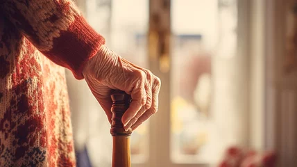 Tuinposter Oude deur Elderly hands resting on stick indoor. Close up hands of old woman wearing red sweater holding walking stick. Old lady pensioner on a walking stick close up. Old lady holding walking stick. AI.