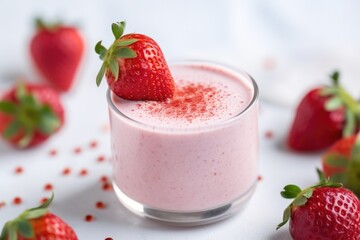 a close-up shot of a strawberry yogurt drink with tiny bubbles - obrazy, fototapety, plakaty