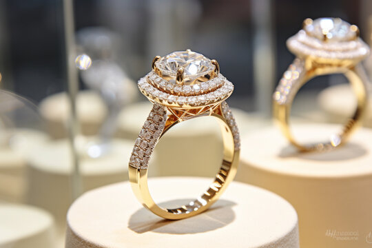 Gold jewelry diamond rings show in luxury retail store display showcase