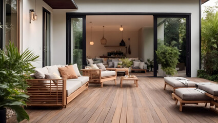 Contemporary outdoor lounge in backyard Terrace house with wooden floor comfy seating and wicker ottoman Cozy patio or balcony space for relaxation Wooden veranda with outdoor furniture copy space - obrazy, fototapety, plakaty