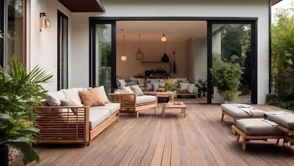 Fotobehang Contemporary outdoor lounge in backyard Terrace house with wooden floor comfy seating and wicker ottoman Cozy patio or balcony space for relaxation Wooden veranda with outdoor furniture copy space © Nuwan Buddhika