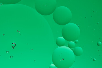 Macro photo with circles oil droplets water surface. Abstract green background with oil bubbles.
