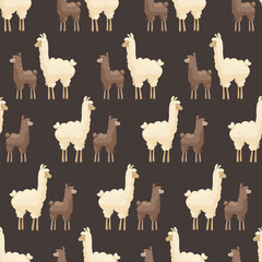 Seamless pattern with cute mother llama and baby on dark background. Mother alpaca with baby alpaca. Creative kids, childish background. For textile, fabric, clothing, wrapping paper. © Лиля Зайдуллина