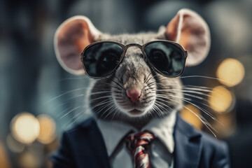 Close up di un topolino con occhiali e cravatta
