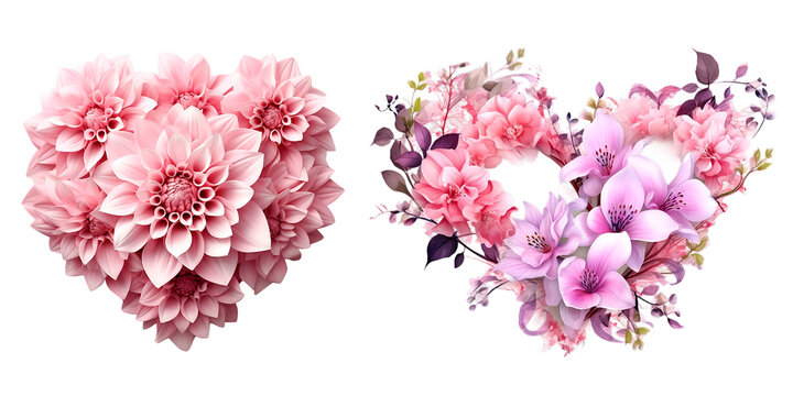 Two pink dahlia hearts with flowers, isolated on transparent background