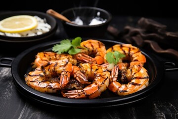 grilled shrimp charcoal-fired on a dark ceramic plate