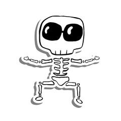 Obraz na płótnie Canvas Cute cartoon Skeleton Wear Dark Glasses on white silhouette and gray shadow. Vector illustration about halloween.