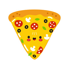 Cute funny Slice of pizza character. Vector hand drawn cartoon kawaii character illustration icon. Isolated on white background. Happy Pizza character concept