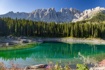 View of Carezza lake, Dolomites, Italy