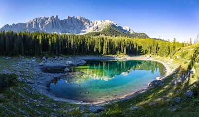 View of Carezza lake, Dolomites, Italy