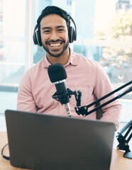 Happiness, portrait and podcast man, speaker or audio presenter pride in online social media talk show. Radio air, audio mic and influencer hosting, live streaming and broadcast news, advice or tips