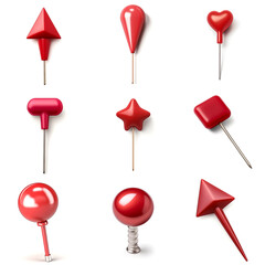A collection of assorted red pins isolated on a white background