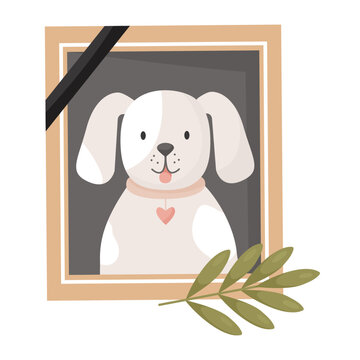 Photograph of dead dog. Vector illustration. Mourning frame with lovely pet of puppy ghost .