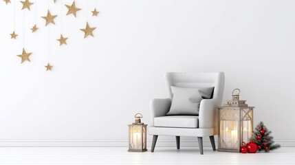 Christmas living room interior with velvet armchair, pillow, stars and lanterns on white wall. ai