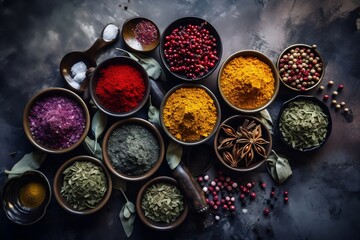 from above of various spices in bowls on dark grunge background, food style photography, top view, generative ai