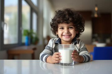 Cute Indian little boy with a glass of milk on the table - obrazy, fototapety, plakaty