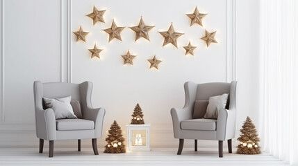 Christmas living room interior with velvet armchair, pillow, stars and lanterns on white wall. ai