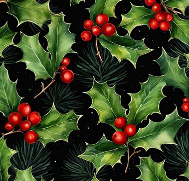 Christmas holly on black background. Traditional Xmas plant. Generative AI