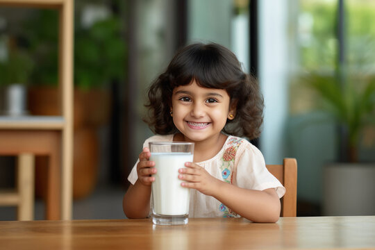 Indian cute girl holding a glass of milk on the table