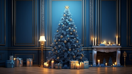 Classic blue Christmas interior with green Christmas tree, presents, lights. ai generative