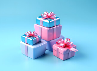 Minimal background pattern composition of pastel pink, blue and green Christmas gift box. New Year concept.