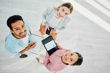 Portrait of business people with tablet, phone and notes for team recruitment at hr office from above. Happy startup employees, man and women in workplace together with pride, confidence and smile.