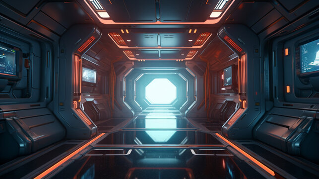corridor spaceship Interior. Scifi fiction concept. ai generative