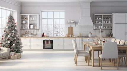 Cozy open plan kitchen decorated for Christmas. Interior design. ai generative - obrazy, fototapety, plakaty