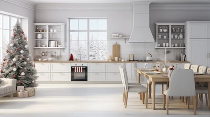 Fotobehang Cozy open plan kitchen decorated for Christmas. Interior design. ai generative © Witri
